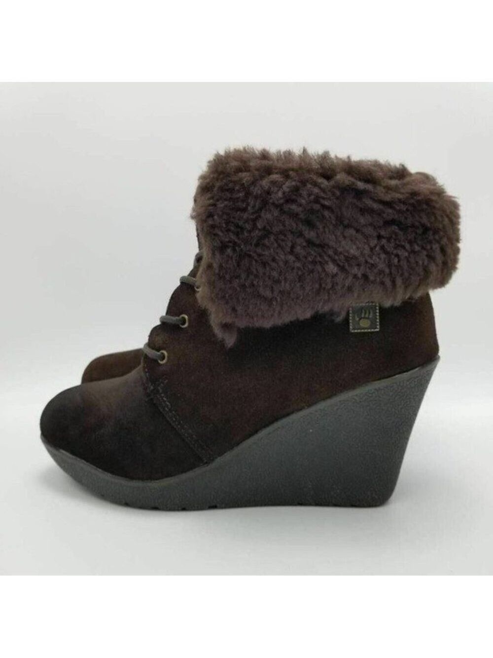 BEARPAW Flatiron Sheepskin Leather Suede Wedge Boots Brown Size 7 - Picture 2 of 11